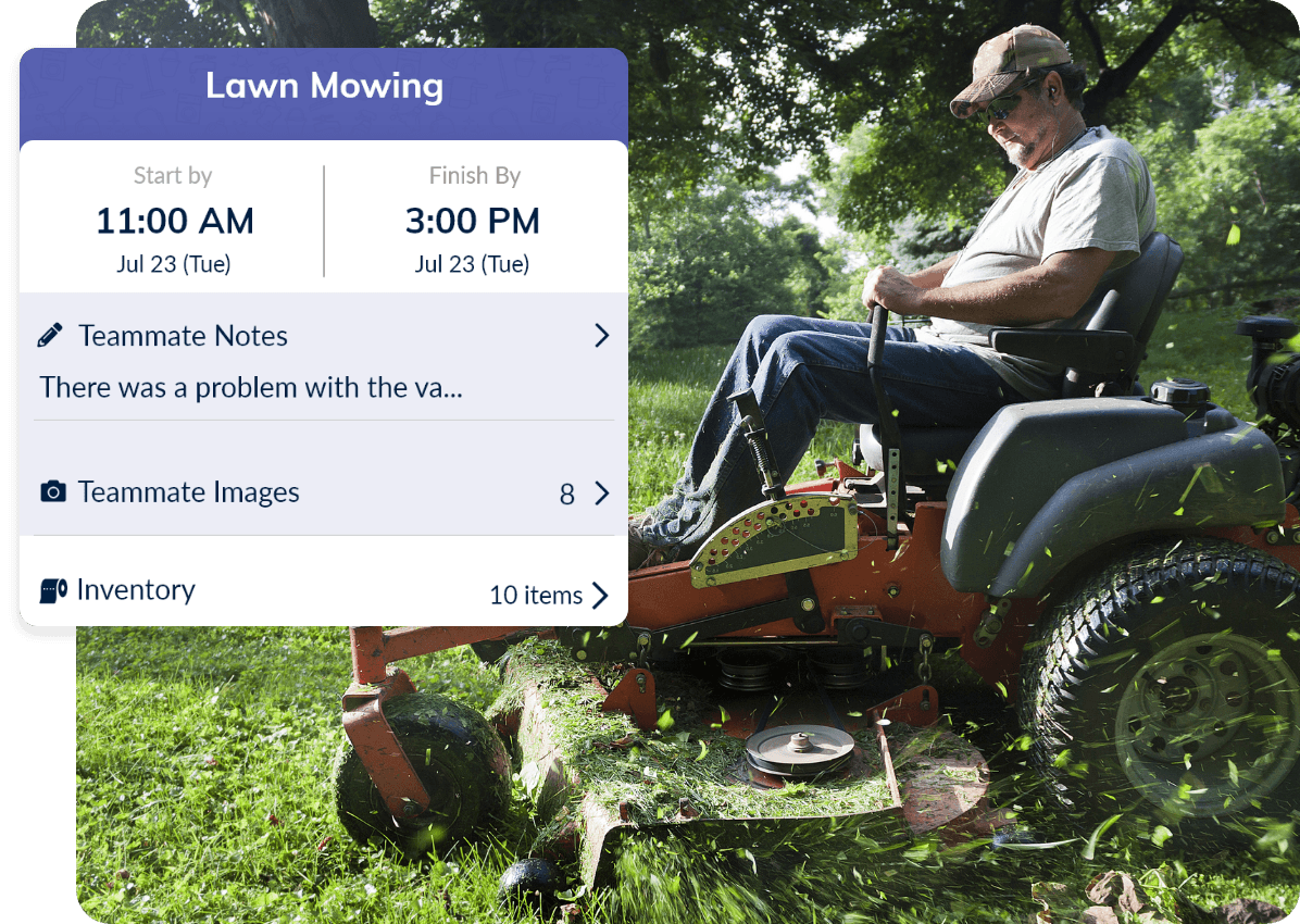 lawn care crew member on a lawn mower with scheduling notification as a pop up 