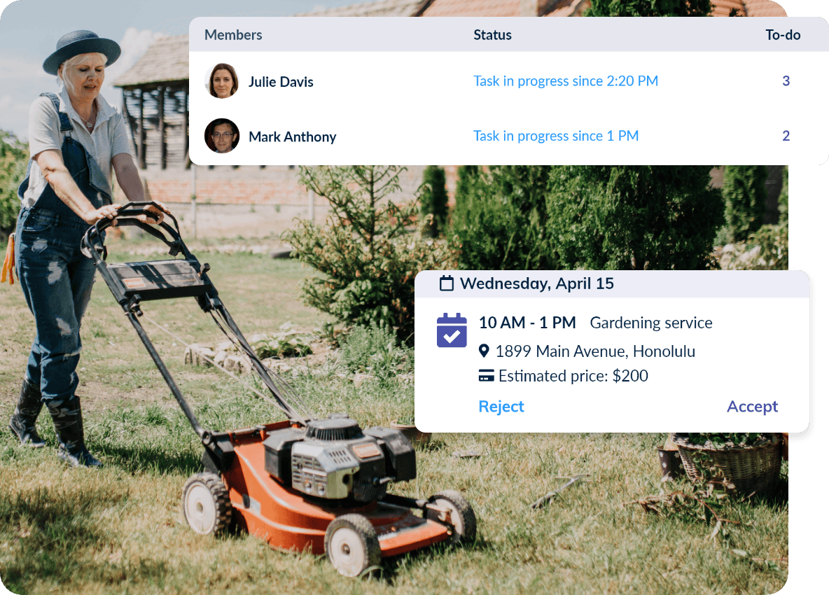 female lawn care employee mowing lawn with app notifications as pop-ups