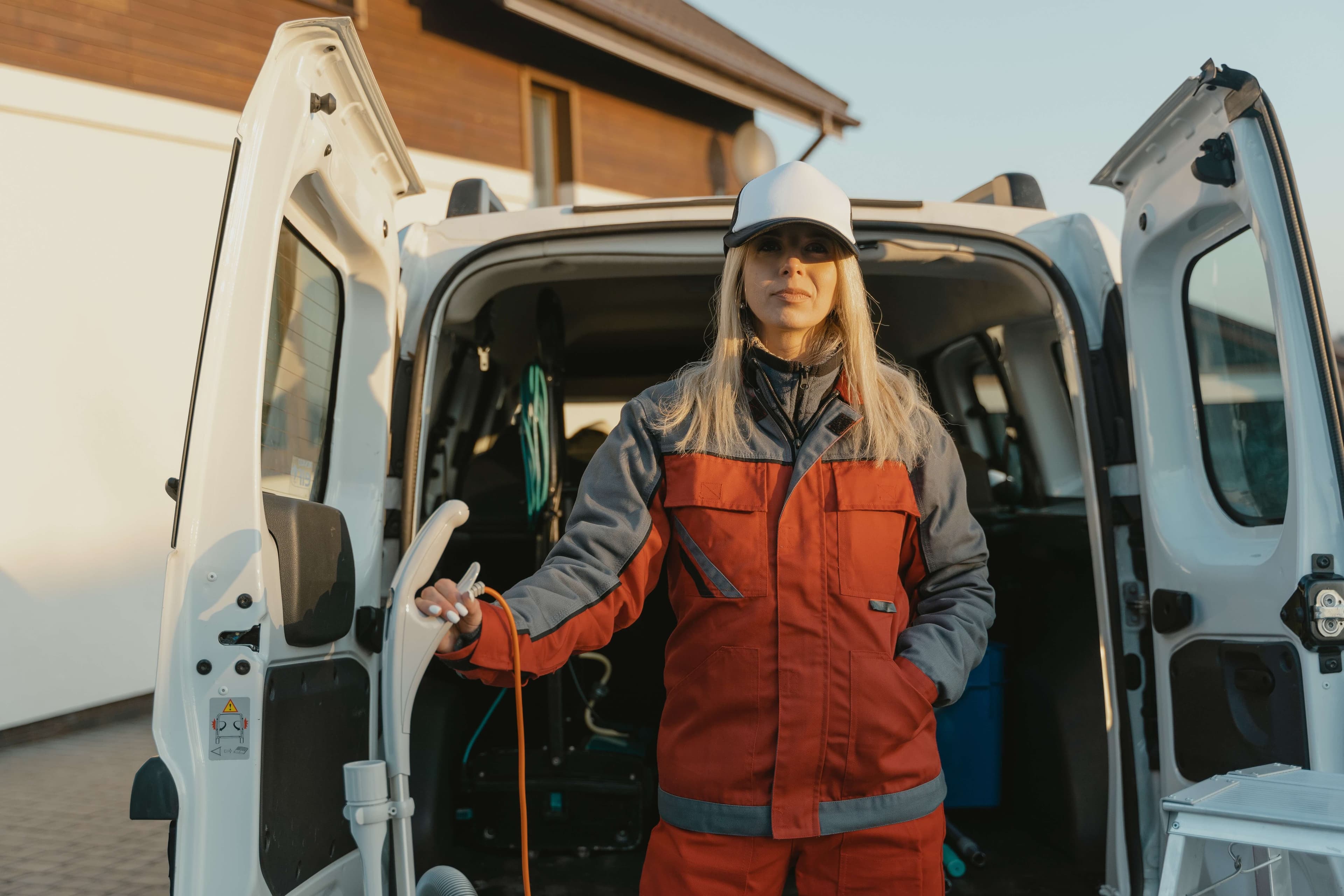 Female cleaner holding a vacuum outside her cleaning company vehicle