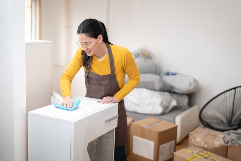 Woman in glasses wiping down furniture with moving boxes in the background