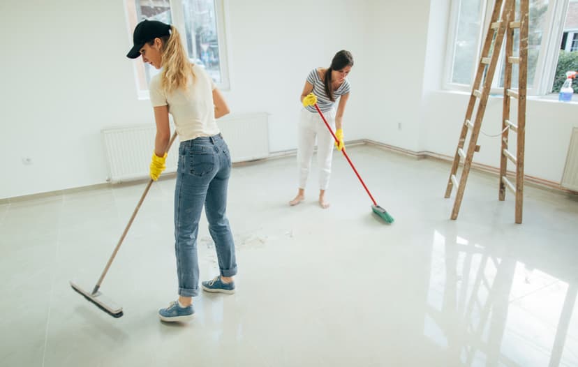 two women sweeping an empty living room for a move out cleaning service