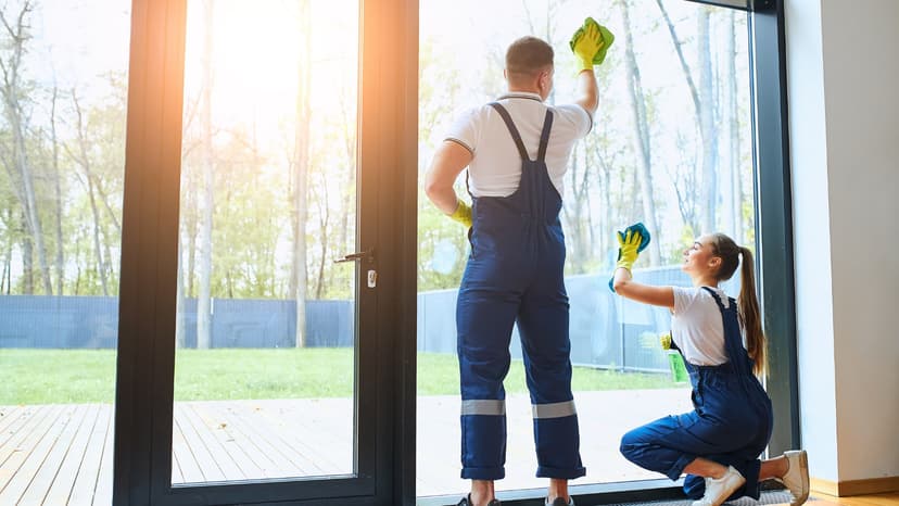 Male and female window washers cleaning windows from the inside of a home with professional window washing tools